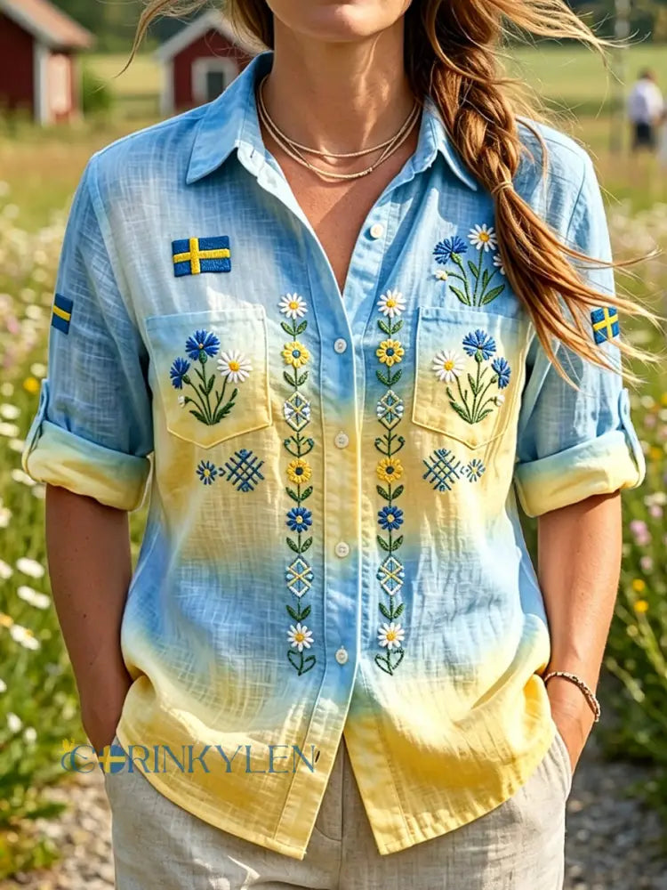 Dams retro svensk midsommarblommig knytfärgad casualskjorta - flerlog / S