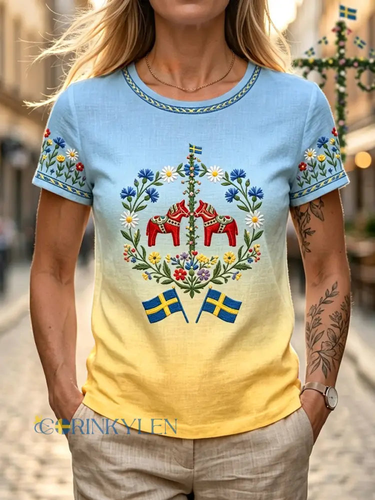 Dams retro svensk midsommarblommig linne-t-shirt i bomull-linne med färggradient - flerlog / S