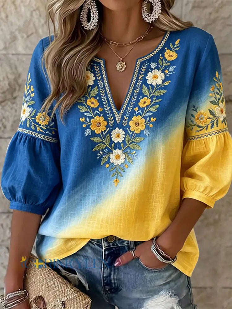 Dams retro svensk midsommarblommig patchwork-topp med V-ringning - flerlog / S