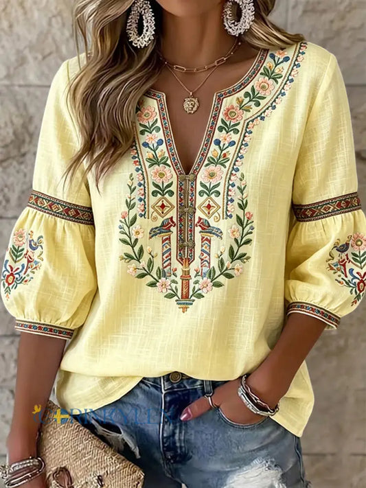 Dams retro svensk midsommarblommig symmetrisk konst V-ringad blus - ljusgult / S