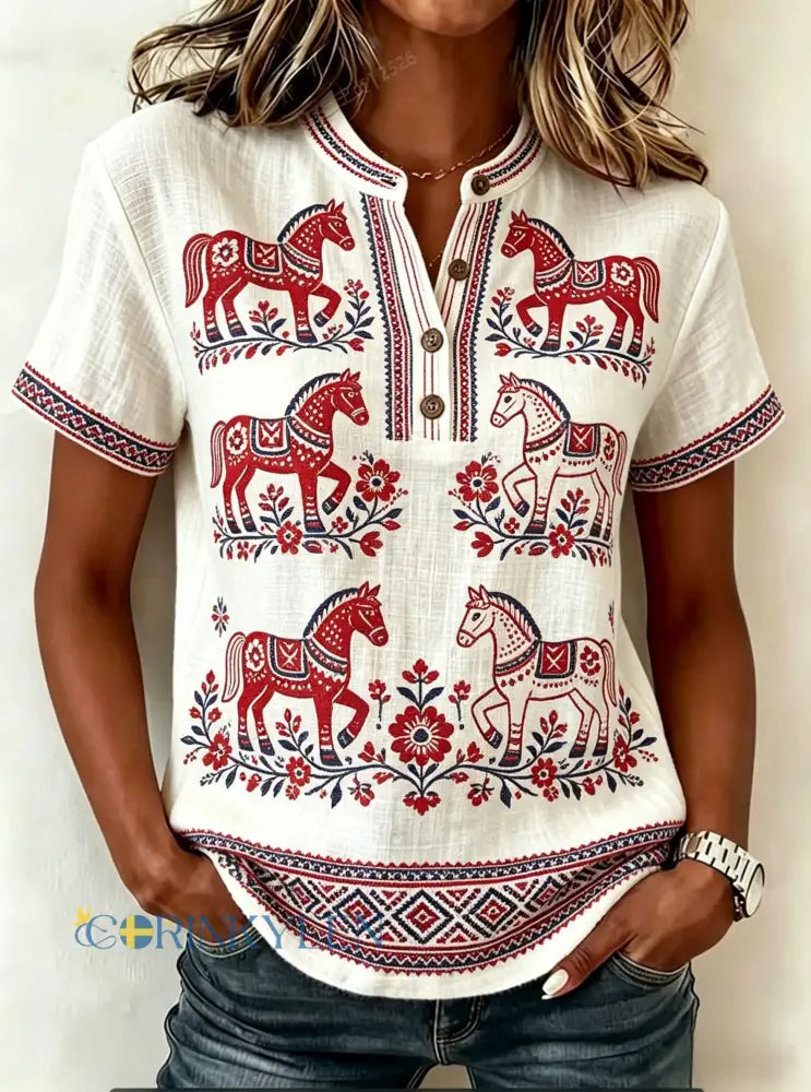 Dams retro svensk midsommarfolkal blommig t-shirt i bomull-linne - Aprikot / S