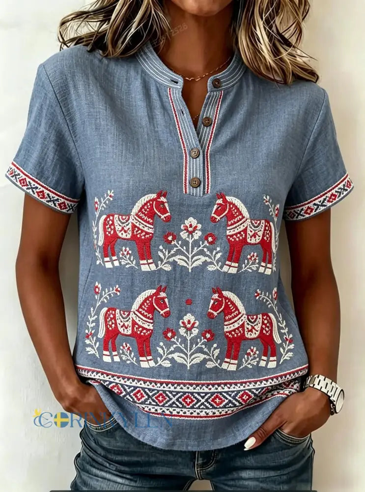 Dams retro svensk midsommarfolkal blommig t-shirt i bomull-linne - blå / S
