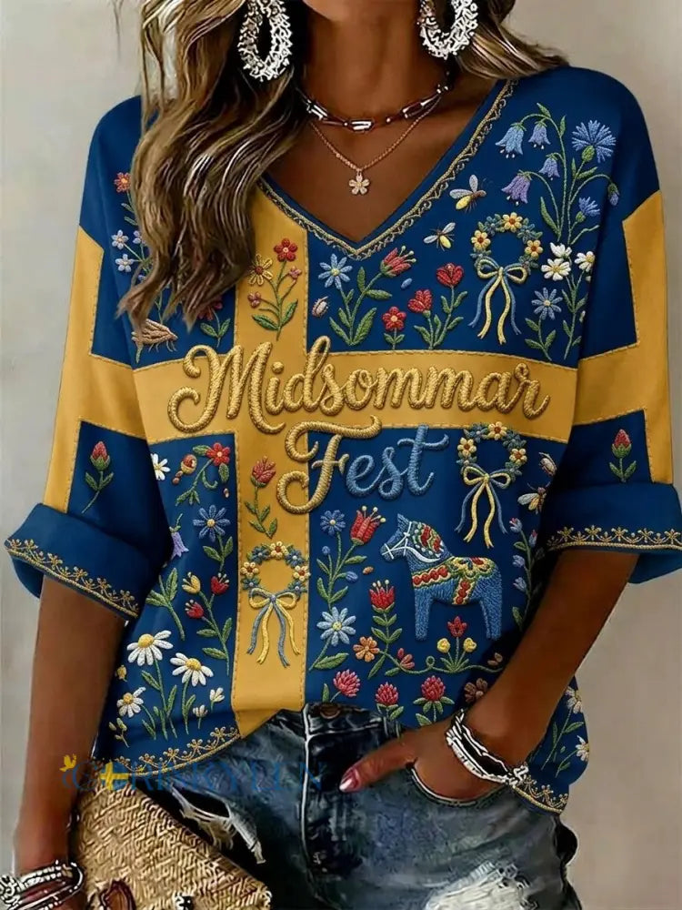 Dams retro svensk midsommarfolkblommig topp - blå / S