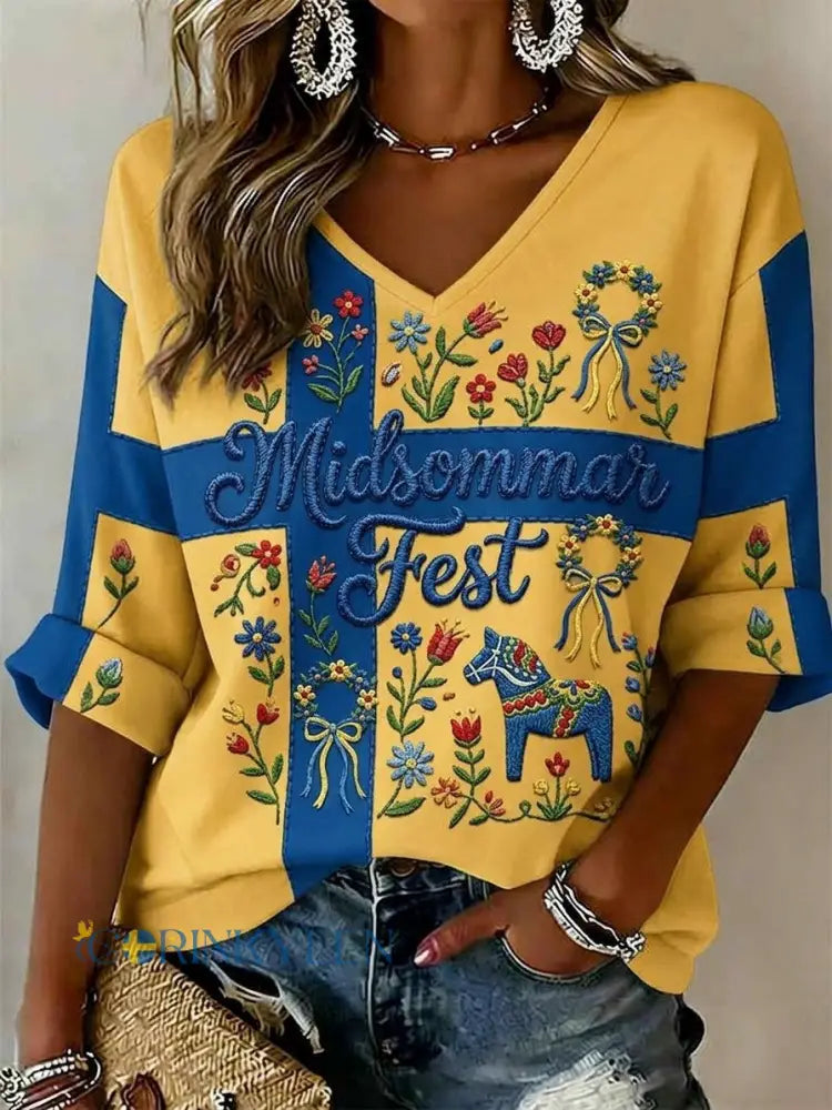 Dams retro svensk midsommarfolkblommig topp - gul / S