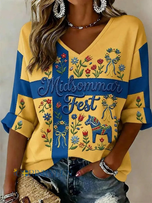 Dams retro svensk midsommarfolkblommig topp - gul / S