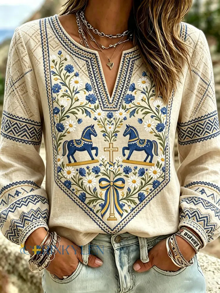 Dams retro svensk midsommarfolkloristisk blus i bomull-linntyg med blommönster - Aprikot / S
