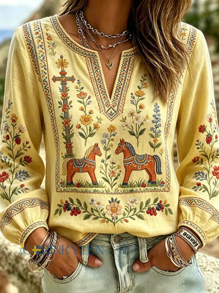 Dams retro svensk midsommarfolkloristisk blus i bomull-linntyg med blommönster - gul / S