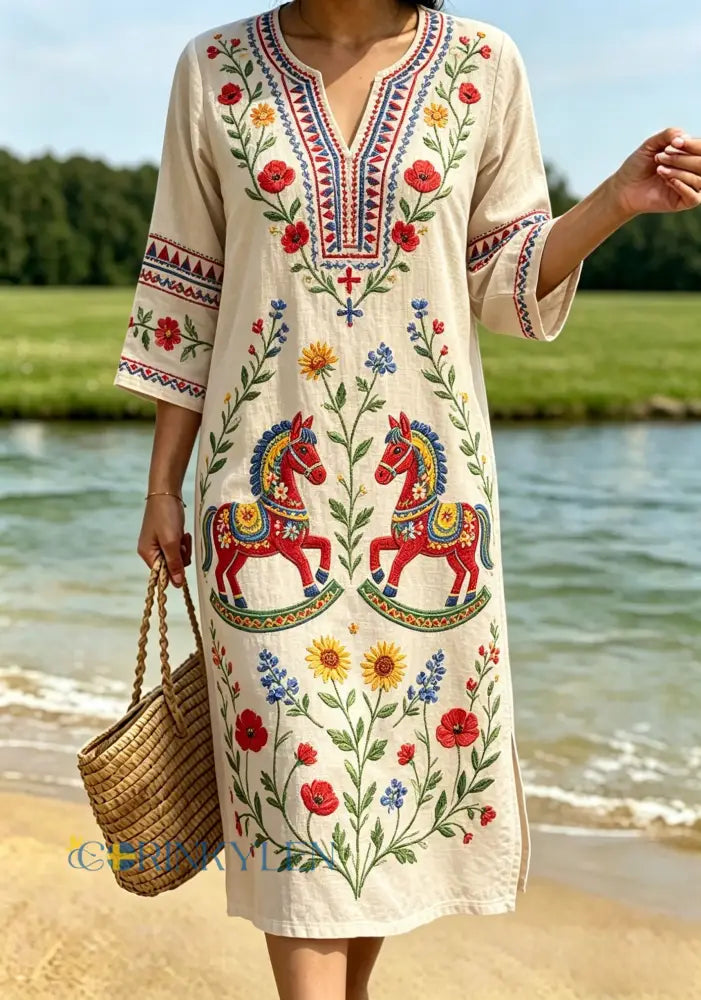 Dams retro svensk midsommarfolkstil blommig klänning i bomull-linne - bäie / S
