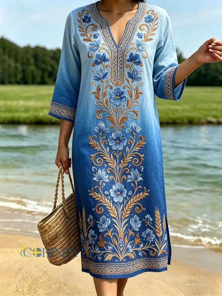 Dams retro svensk midsommarfolkstil blommig klänning i bomull-linne - blå / S