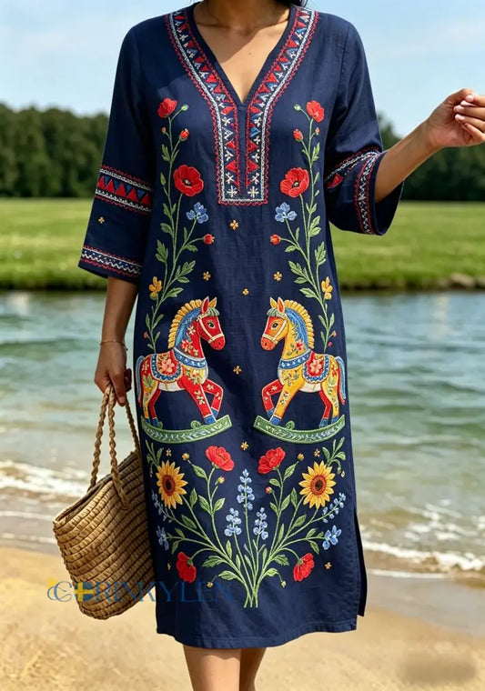 Dams retro svensk midsommarfolkstil blommig klänning i bomull-linne - blå sjöfart / S