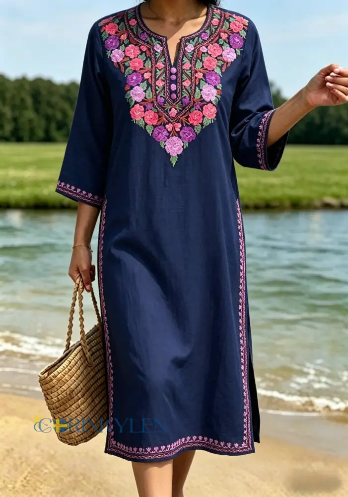 Dams retro svensk midsommarfolkstil blommig klänning i bomull-linne - blå sjöfart / S