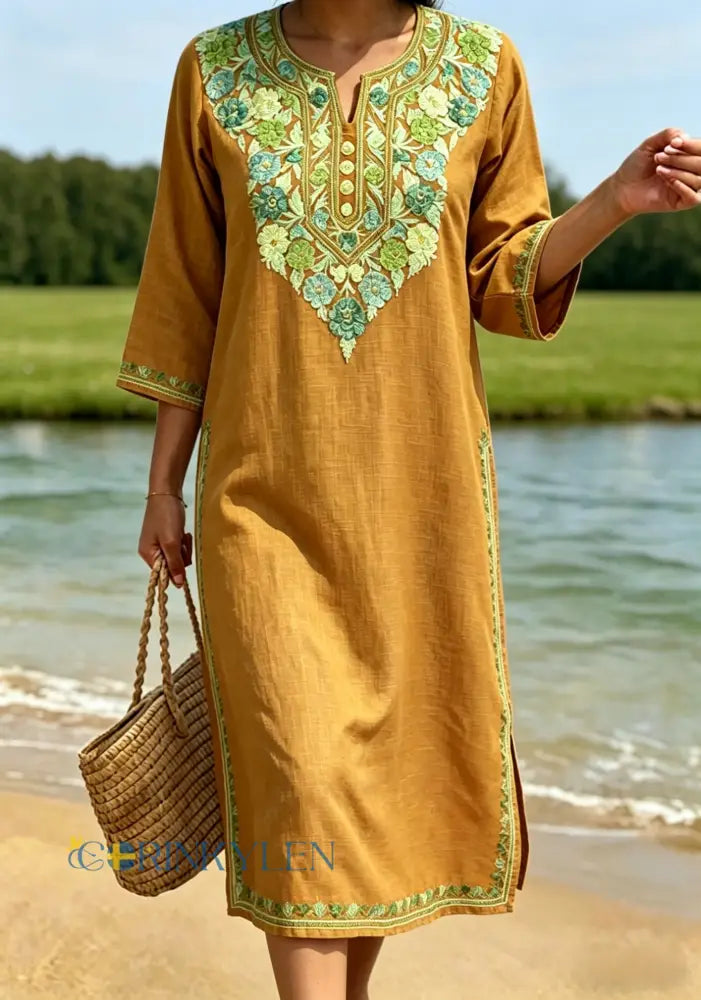 Dams retro svensk midsommarfolkstil blommig klänning i bomull-linne - Ginger. / S