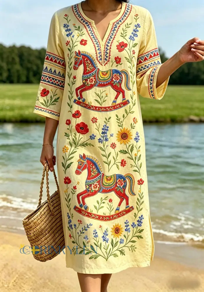Dams retro svensk midsommarfolkstil blommig klänning i bomull-linne - gul / S
