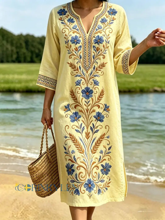Dams retro svensk midsommarfolkstil blommig klänning i bomull-linne - gul / S