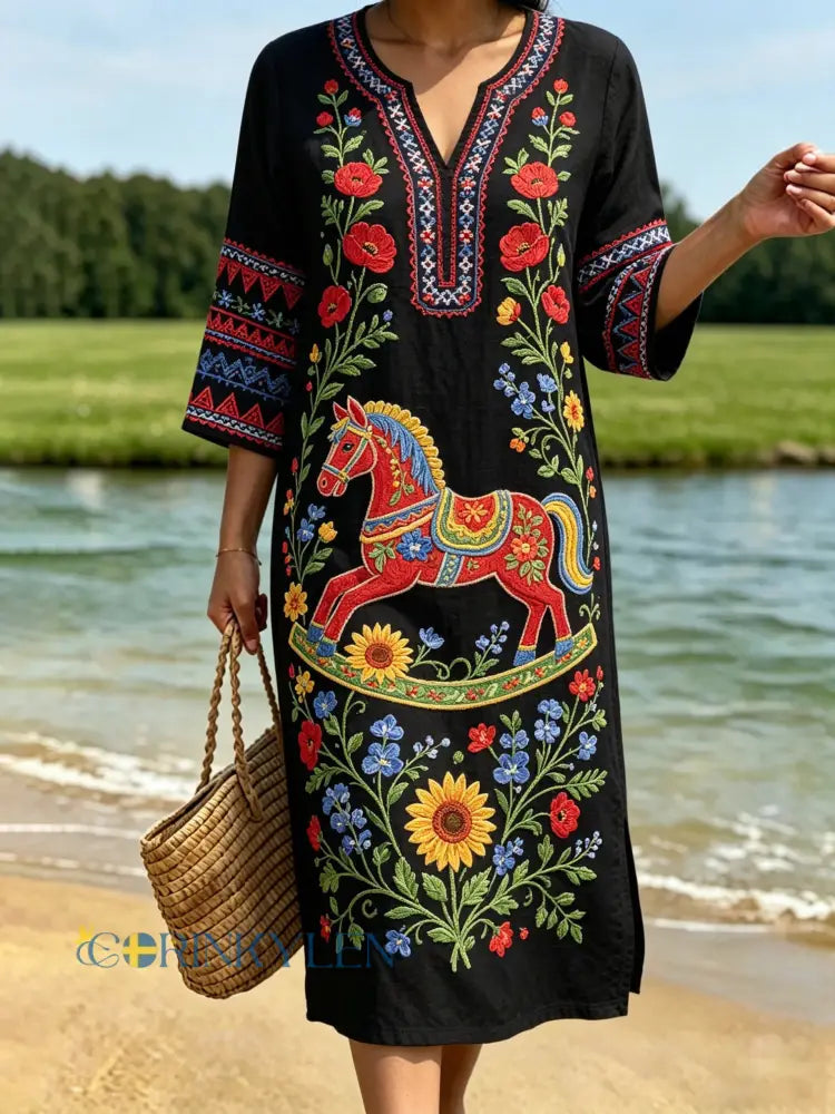 Dams retro svensk midsommarfolkstil blommig klänning i bomull-linne - svart / S