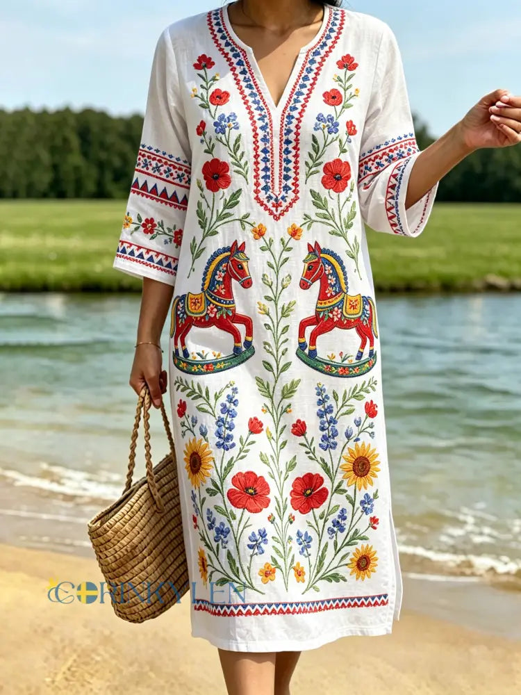 Dams retro svensk midsommarfolkstil blommig klänning i bomull-linne - vitt / S