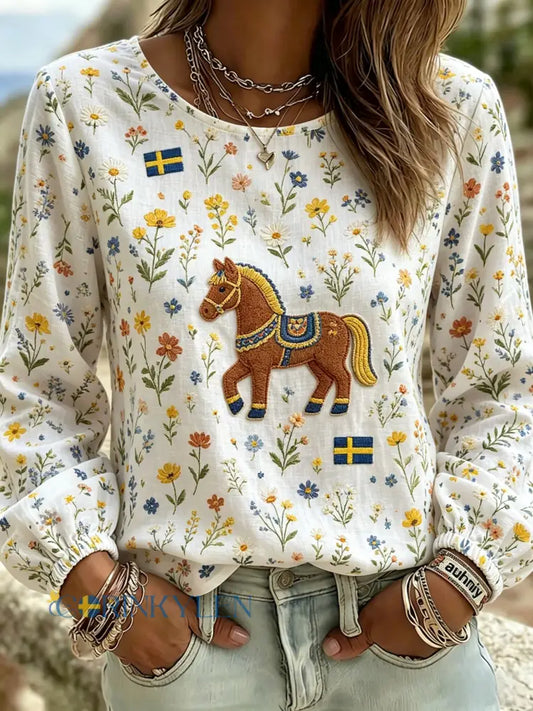 Dams retro svensk midsommarfolkstil blus i bomull-linne med blommönster - Aprikot / S