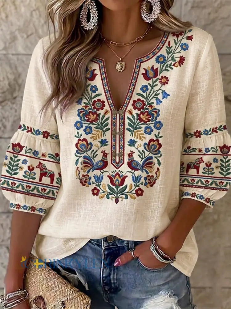 Dams retro svensk midsommarfolkstil blus i bomull-linne med blommönster - Aprikot / S