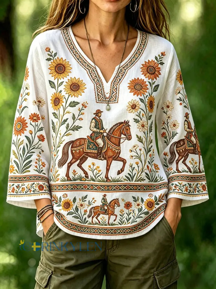 Dams retro svensk midsommarfolkstil blus i bomull-linne med blommönster - bäie / S