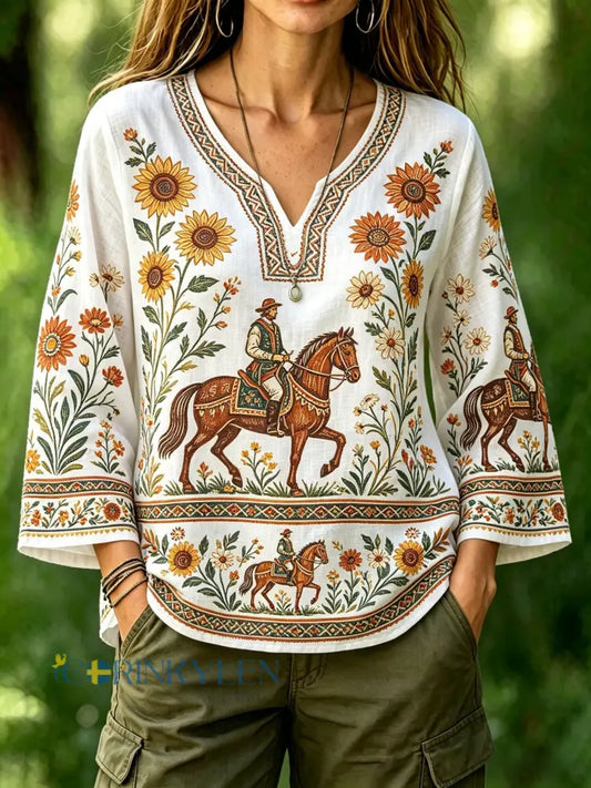 Dams retro svensk midsommarfolkstil blus i bomull-linne med blommönster - bäie / S