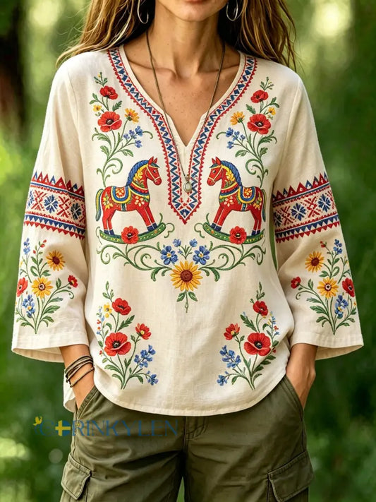 Dams retro svensk midsommarfolkstil blus i bomull-linne med blommönster - bäie / S