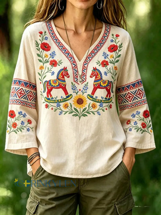 Dams retro svensk midsommarfolkstil blus i bomull-linne med blommönster - bäie / S