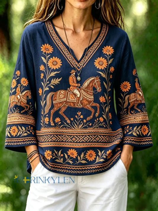 Dams retro svensk midsommarfolkstil blus i bomull-linne med blommönster - blå sjöfart / S