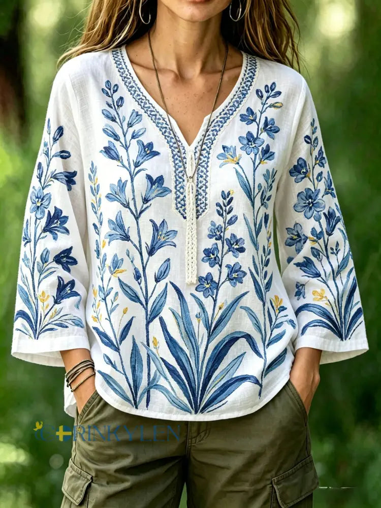 Dams retro svensk midsommarfolkstil blus i bomull-linne med blommönster - vitt / S