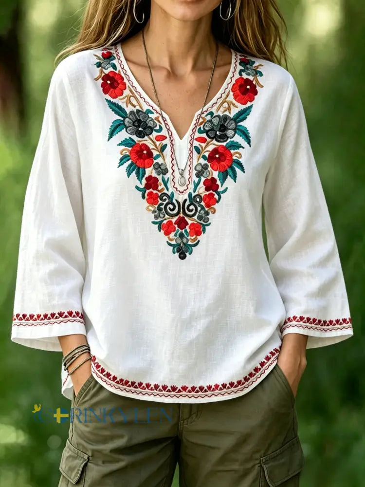 Dams retro svensk midsommarfolkstil blus i bomull-linne med blommönster - vitt / S