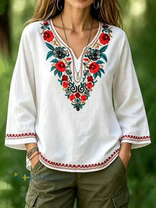 Dams retro svensk midsommarfolkstil blus i bomull-linne med blommönster - vitt / S