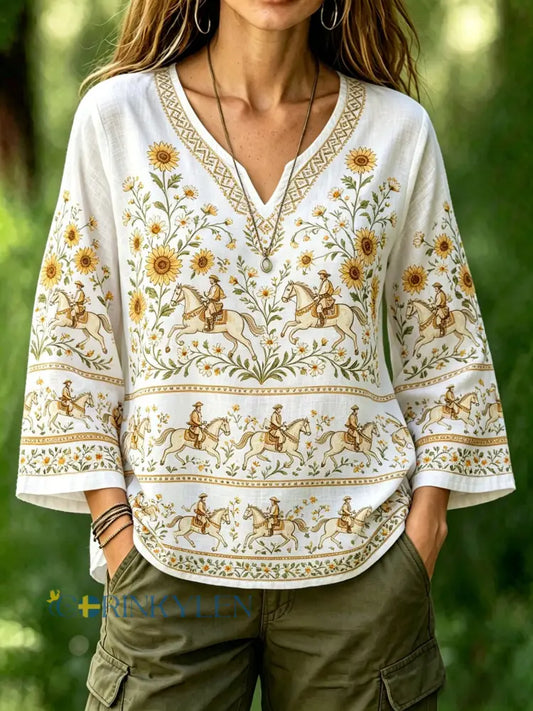 Dams retro svensk midsommarfolkstil blus i bomull-linne med blommönster - vitt / S