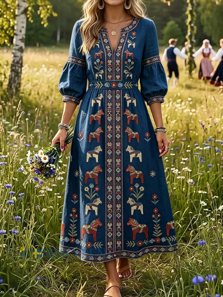 Dams Retro Svensk Midsommarkarusell Blommigt Konst V-Neck Klänning - flerlog / S