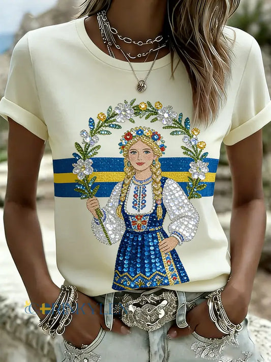 Dams retro svensk midsommarkonsttryck avslappnad t-shirt - A / S