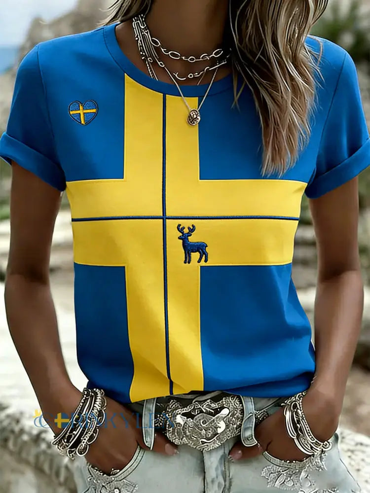 Dams retro svensk midsommarkonsttryck avslappnad t-shirt - A / S