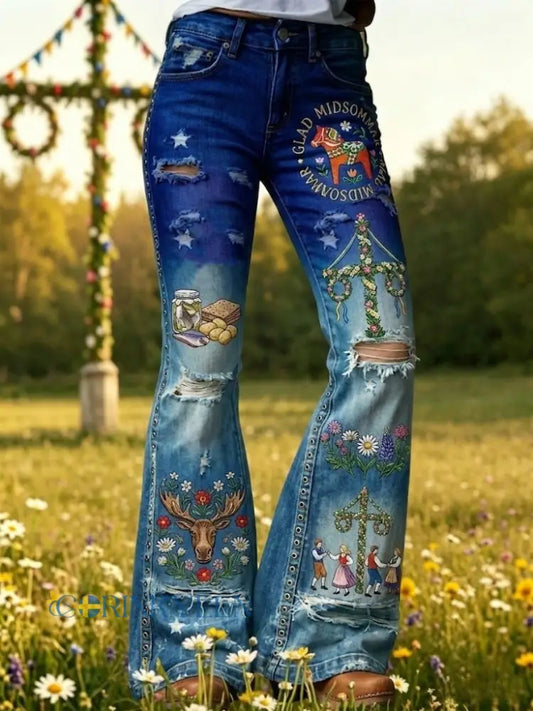 Dams retro svenska midsommarfolkloristiska utsvängda byxor med blommönster - blå / S