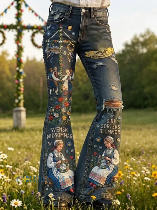 Dams retro svenska midsommarfolkloristiska utsvängda byxor med blommönster - djupblåa / S