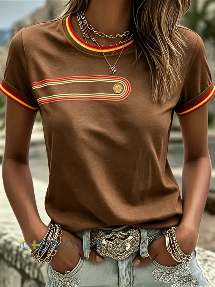 Dams retro t-shirt med korta ärmarna - kaffe / S