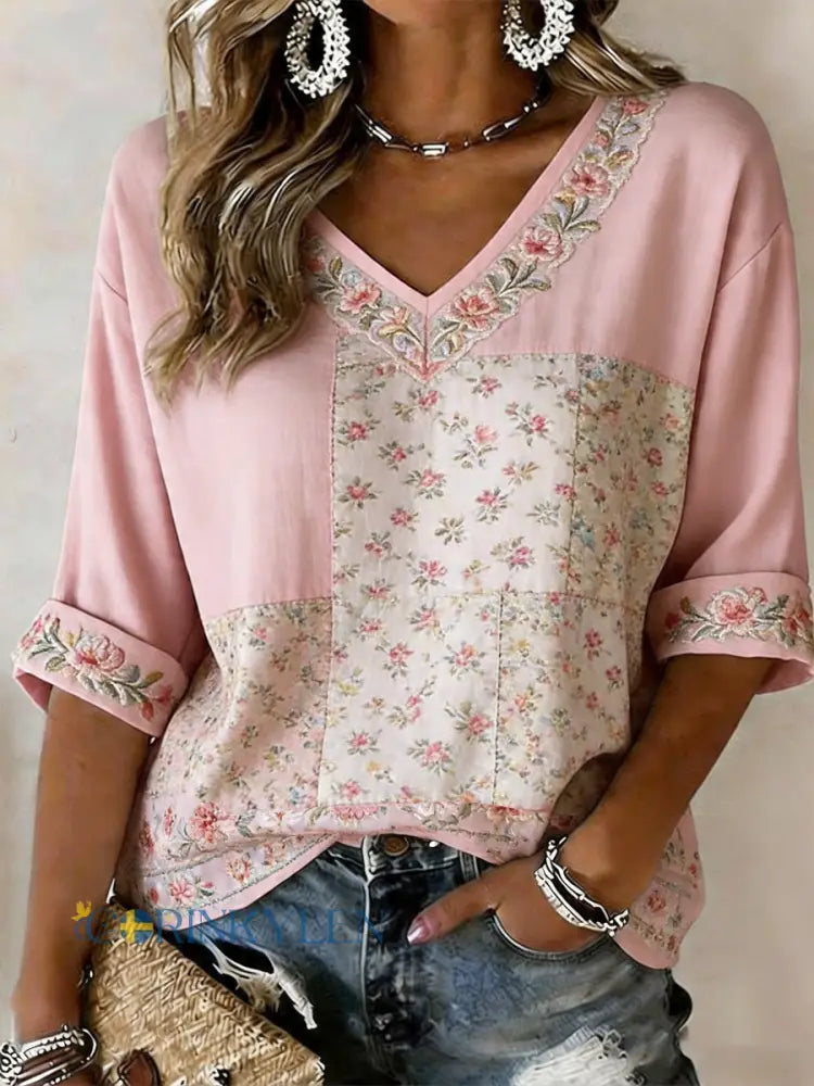 Dams rosa linne-T-shirt med blommönster och korta ärmar - runk / S