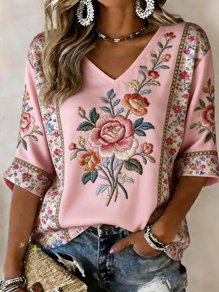 Dams rosa linne-T-shirt med blommönster och korta ärmar - runk / S