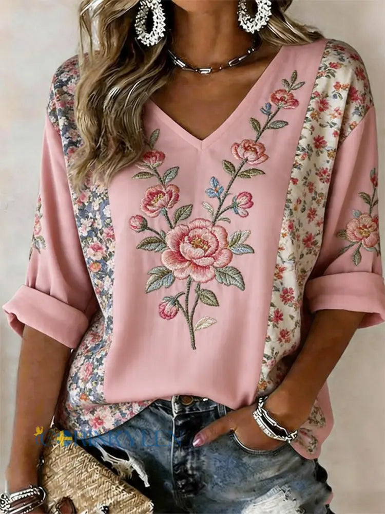 Dams rosa linne-T-shirt med blommönster och korta ärmar - runk / S