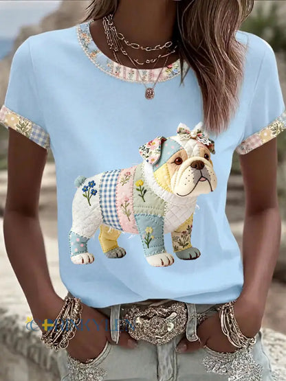 Dams söt blommig hundtryckt casual t-shirt - ljusblå / S