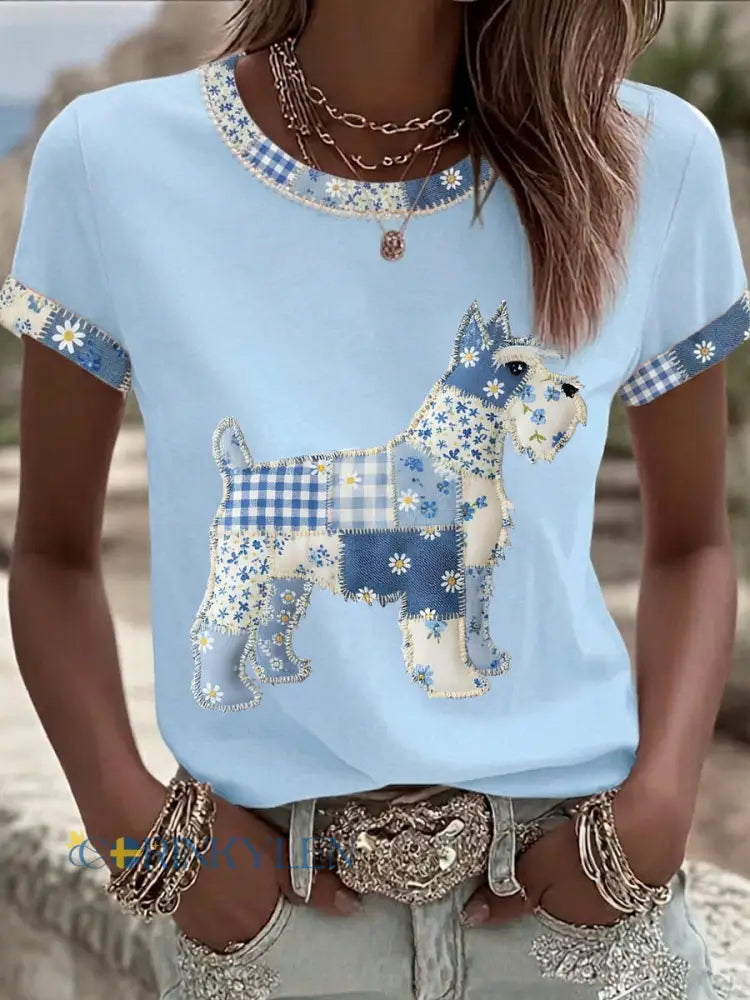 Dams söt blommig hundtryckt casual t-shirt - ljusblå / S