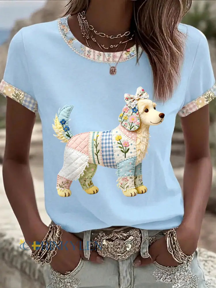 Dams söt blommig hundtryckt casual t-shirt - ljusblå / S