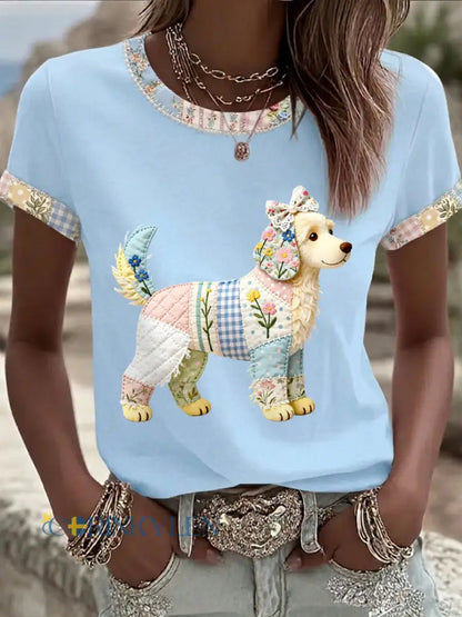 Dams söt blommig hundtryckt casual t-shirt - ljusblå / S