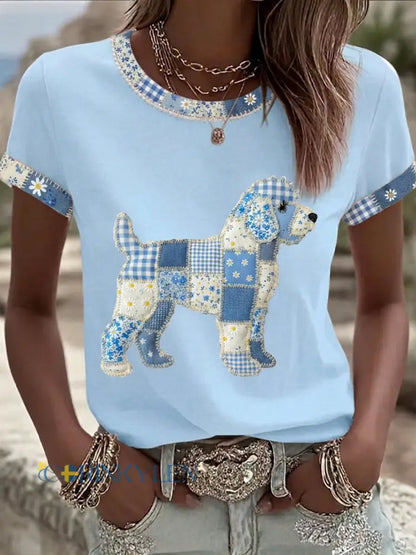 Dams söt blommig hundtryckt casual t-shirt - ljusblå / S