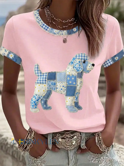 Dams söt blommig hundtryckt casual t-shirt - runt / S