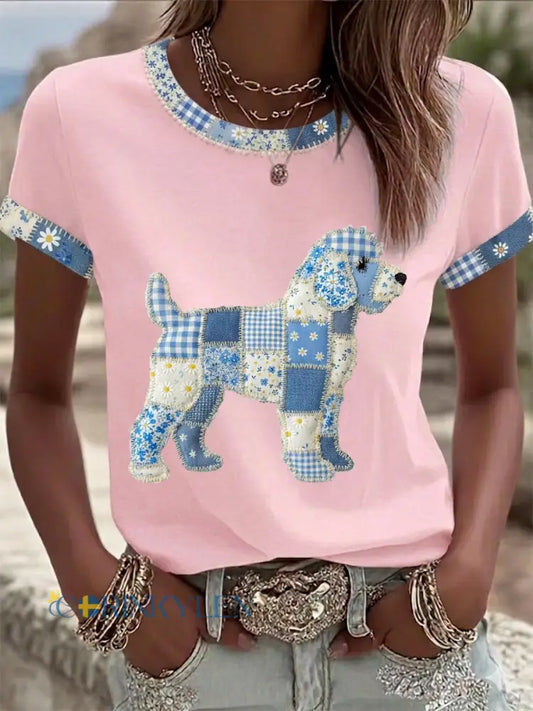 Dams söt blommig hundtryckt casual t-shirt - runt / S