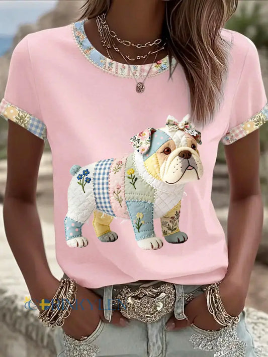 Dams söt blommig hundtryckt casual t-shirt - runt / S