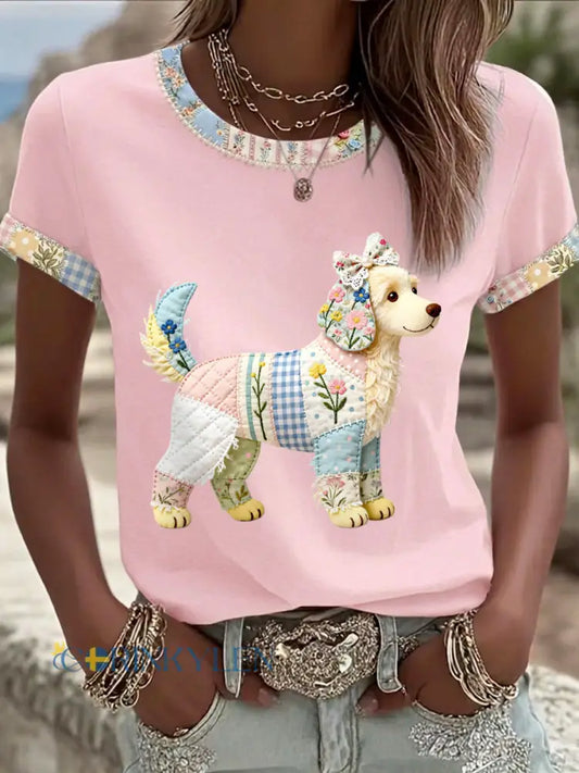 Dams söt blommig hundtryckt casual t-shirt - runt / S