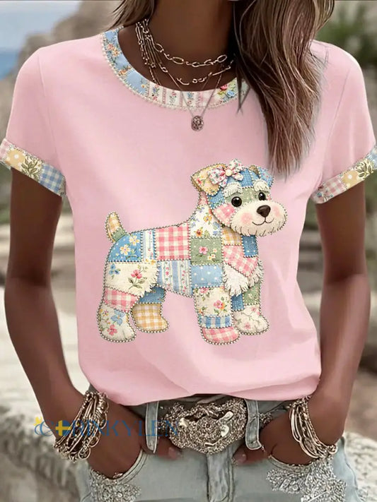 Dams söt blommig hundtryckt casual t-shirt - runt / S